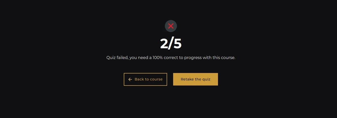 Quiz failed screen with retake option, requiring 100% to progress