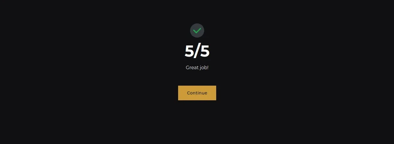 Quiz passed screen showing a 5/5 perfect score